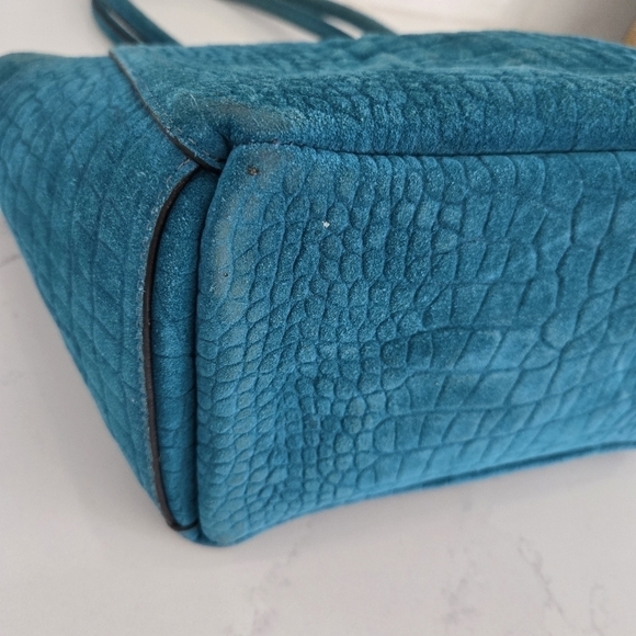 B.May Medium Pocket Tote Embossed Gator Suede Leather Teal Blue Shoulder Bag - Picture 8 of 9